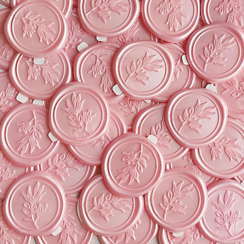 Pilloze 50Pcs Pink Self-Adhesive Wax Seal Stickers - Olive Branch Envelope Seal Stickers Perfect for Wedding Invitation, Envelopes, Wedding Invitation Accessories, Christmas Cards, Gift Wrapping - Image 1